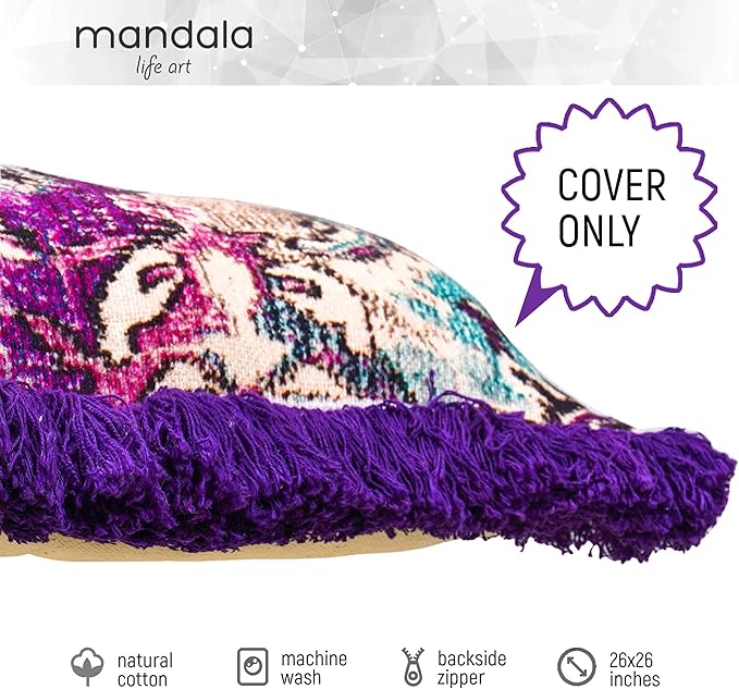Mandala Life ART Square Meditation Cushion Cover with Fringes - 26 inches - Vintage Printed Purple Cotton Boho Chic Pillow Case
