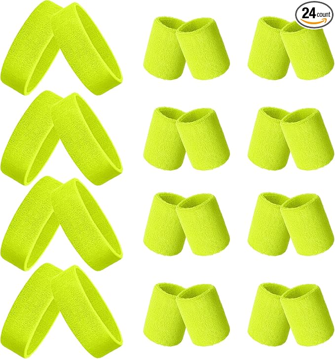 24 Pieces 80s Neon Sweatbands Set, Include 8 Sports Headbands and 16 Sweat Wristbands Elastic Athletic Tennis Sweat Bands Bulk for Man Woman