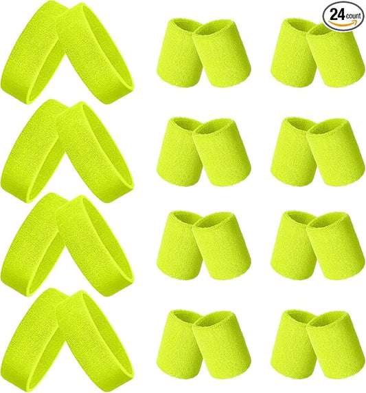 24 Pieces 80s Neon Sweatbands Set, Include 8 Sports Headbands and 16 Sweat Wristbands Elastic Athletic Tennis Sweat Bands Bulk for Man Woman