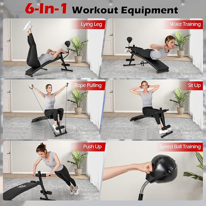 Goplus Adjustable Decline Sit Up Bench for Exercise, Foldable Curved Slant Bench with Speed Ball, Pump & 2 Resistance Bands, Heavy Duty Metal Frame, Full Body Ab Workout Equipment for Home Gym, Black