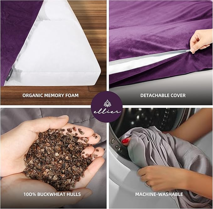 Zafu & Zabuton Meditation Cushion Set - Buckwheat Hull & Memory Foam Pillows, Ergonomic Support for Yoga, Mindfulness - Organic Velvet Cover, Large Size, Durable Comfort (Purple)