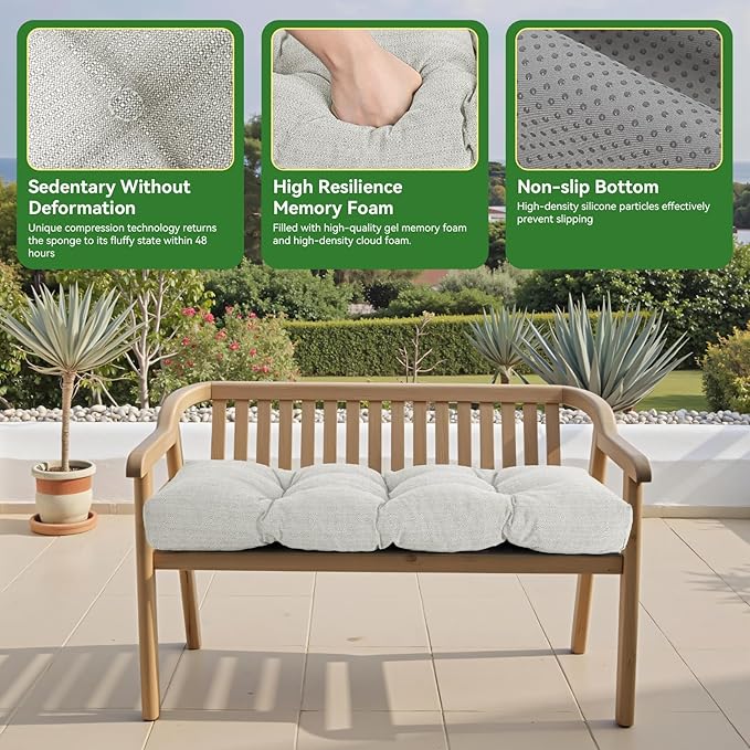 Waterproof Bench Cushion 42 Inch - Oliven Fabric, High-Density Foam, Non-Slip Bottom, Soft Durable Outdoor Tufted Long Seat Cushion for Window Garden Furniture (Beige Gray, 42x16x4 Inch)