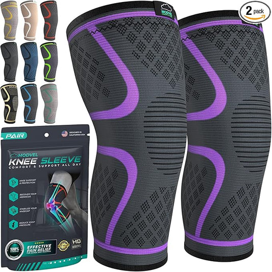 Modvel Compression Knee Brace for Women & Men, 2-Pack Knee Brace for Running Knee Pain, Knee Support Compression Sleeve, Workout Sports Knee Braces for Meniscus Tear, ACL & Arthritis Pain Relief
