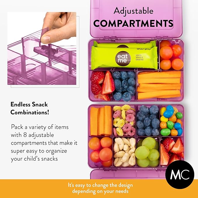 Snack Box Containers Set of 2-Reusable,100 Dissolvable Labels, 8 Adjustable Compartments, Dishwasher Safe, BPA-Free, Meal Prep Container, PARENT TESTED PARENT APPROVED AWARD (2 Pack) (Purple)