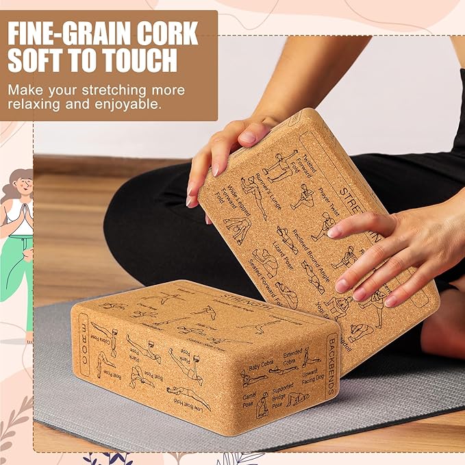 Cork Yoga Blocks 2 Pack Yoga Poses Teaching Cork Blocks, Suitable Poses for Beginners and Experts High Density Block with Non Slip Surface for Better Support, Balance Comfort (Beige)