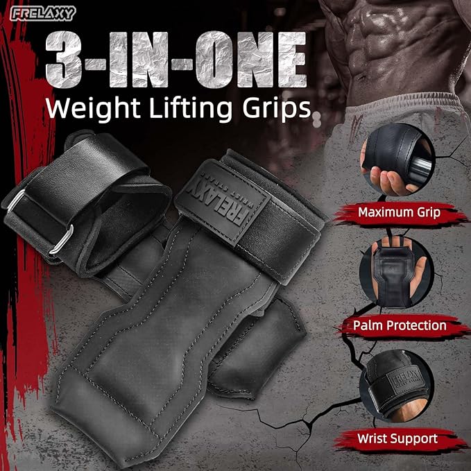 Frelaxy Lifting Wrist Straps, Rubber Weight Lifting Grips with Non-Slip Palm & Wrist Wraps Support for Deadlifts, Pull Ups, Rows, Heavy Powerlifting, Lat Pulldowns