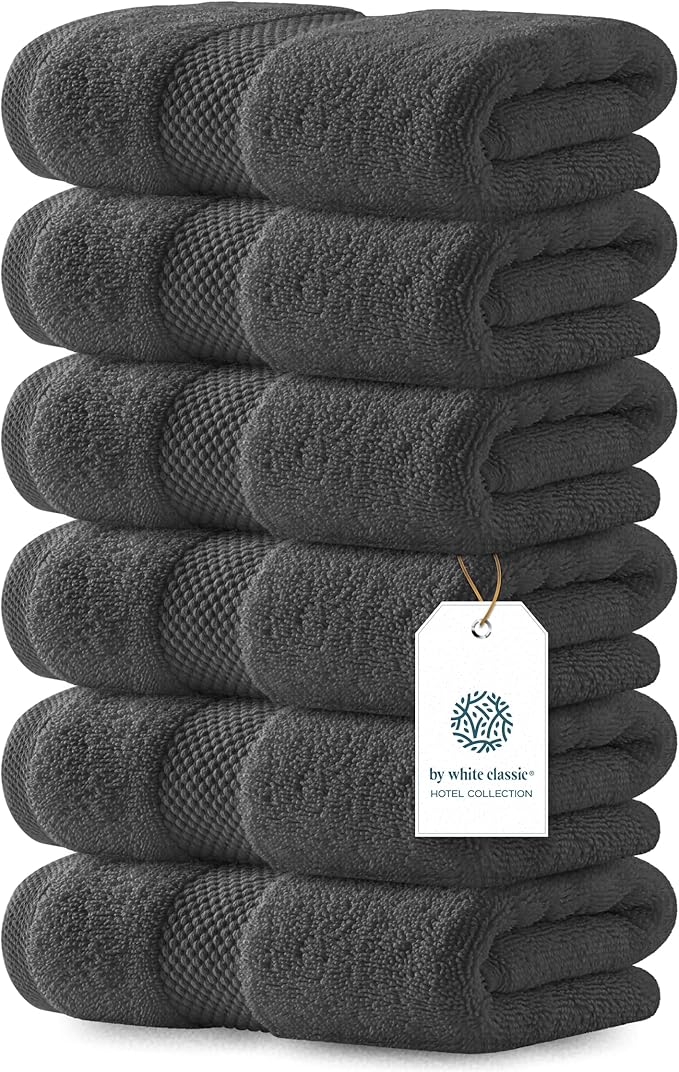 White Classic Luxury Hand Towels for Bathroom-Hotel-Spa-Kitchen-Set - Circlet Egyptian Cotton - 16x30 Inches - Set of 6, Charcoal Gray