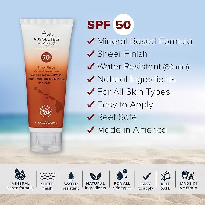 Absolutely Natural SPF 50+ Mineral Sunscreen Lotion - Anti-Aging Sunblock for Body & Face, Made with Rose Hips, Aloe, Zinc Oxide and Other Cruelty Free and Reef Safe Ingredients - Made in USA
