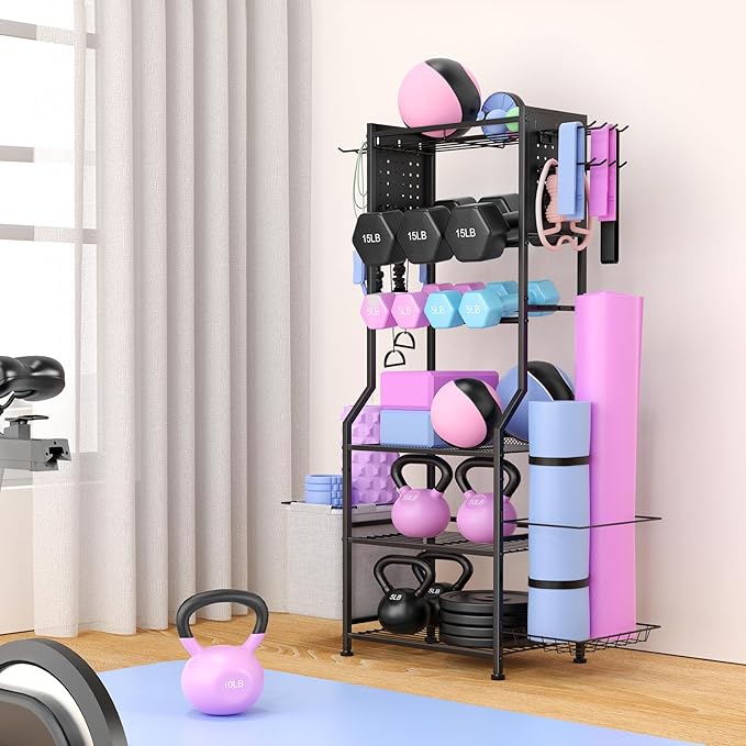Dumbbell Rack, Home Gym Storage for Kettlebells, Yoga Mat & Strength Training Equipment, Weight Rack With Peg Board Organizer, Workout Gym Equipment Storage