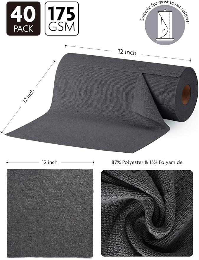 Fantasticlean Microfiber Cleaning Cloth Roll -40 Pack, Tear Away Microfiber Towels, 12" x 12", Reusable, Washable, Scratch Free, Ultra Absorbent for Car, Home Supplies, Shop (DimGrey)