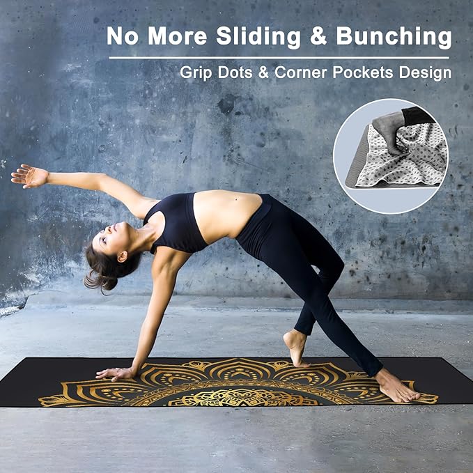 Colorful Star Yoga Towel with Corner Pockets, Non Slip Grip Dots Sweat Absorbent Hot Yoga Mat Towels, Soft Yoga Blankets with Travel Bag, Mat Cover for Workout, Gym, Fitness - 70"x26", Gold Mandala
