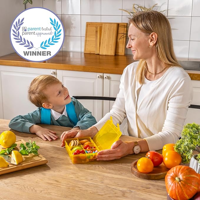 Snack Box Containers Set of 2-Reusable,100 Dissolvable Labels, 8 Adjustable Compartments, Dishwasher Safe, BPA-Free, Meal Prep Container, PARENT TESTED PARENT APPROVED AWARD (2 Pack) (Yellow)