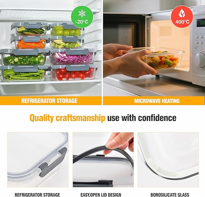 5 PACK 36 oz Glass Meal Prep Containers, Glass Food Containers with Snap-Lock Lids, Airtight Lunch Containers, Microwave, Oven, Refrigerator and Dishwasher Safe,Gray