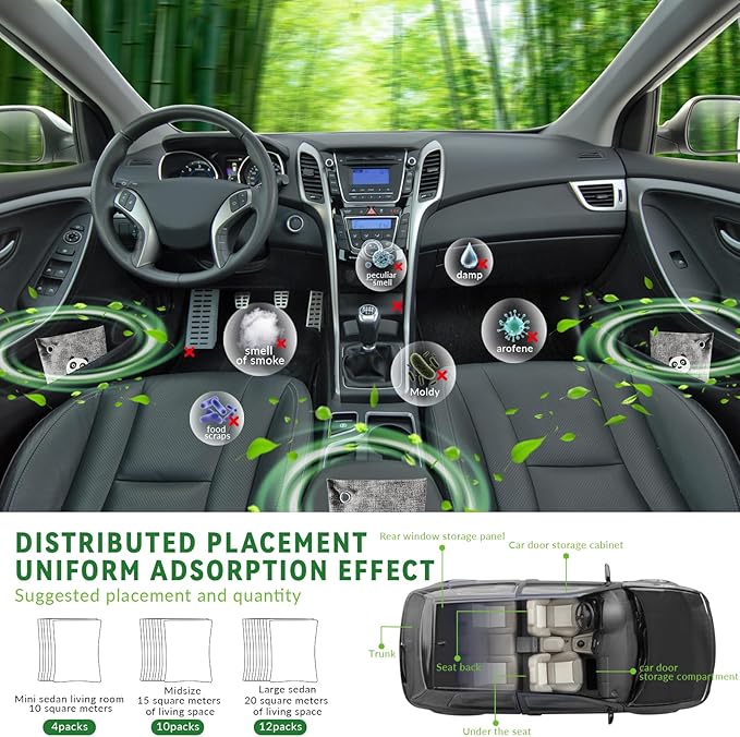 4 Pack charcoal odor absorber,Bamboo Charcoals Air Purifying Bag Charcoals Deodorizer Eliminator for Strong Odors in Car, Closet, Shoe, Basement (200G*4 Pack Panda, Unscented)