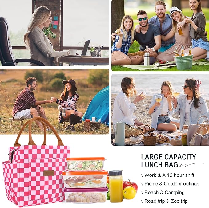Joymee Lunch Bag Women Insulated Lunch Box Reusable Leakproof Large Spacious Cooler Tote for Women Men Adult with Bottle Holder and Side Pockets for Work Office Travel Picnic - Checker Pink