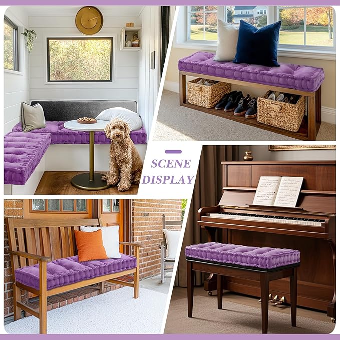 Bench Cushions for Indoor Furniture 42x16 in Velvet Kitchen Dining Piano Window Seat Cushion, Tufted Patio Porch Swing Thicken Bench Pad Memory Foam(Light Purple)