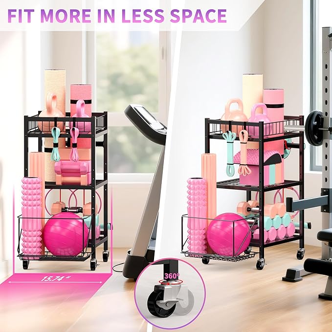 3-Tier Home Gym Storage Rack, Adjustable Yoga Mat Storage Rack, 250LBS Metal Workout Equipment Storage Cart with Large Basket & Lockable Wheels for Mats, Bands, Foam Rollers, Yoga Block (Rack Only)