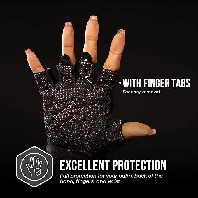 5737 Womens Padded Wrist Wrap Weight Lifting Gloves w/GripLock Padding (Pair) - Machine Washable Fingerless Workout Gloves w/Wrist Support Designed for Women