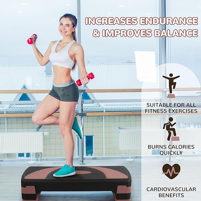 Step Aerobic Platform, 31" Exercise Step with 3 levels Adjustable Height, 4 Stackable Risers, Fitness Training Workout Stepper for Home Gym, Cardio Strength, Black & Pink