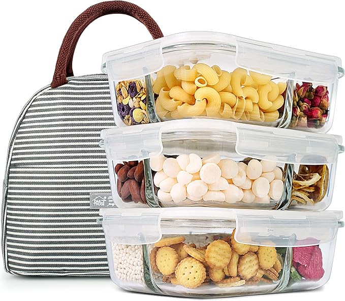 DAS TRUST 3 Pack Bento Box Glass Meal Prep Containers - 3 Compartment Glass Food Storage Containers with Lids - Lunch Box Meal Prep Bowls - Oven Safe