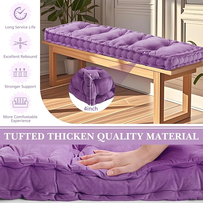 Bench Cushions for Indoor Furniture 42x16 in Velvet Kitchen Dining Piano Window Seat Cushion, Tufted Patio Porch Swing Thicken Bench Pad Memory Foam(Light Purple)