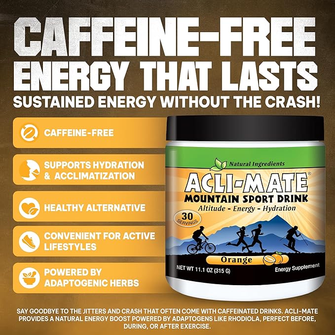 Acli-Mate Mountain Sport Drink Mix - High Altitude Acclimatization Electrolyte Powder - Energy Powder Mix - Recovery Hydration Drink for Running, Hiking, Cycling, Hunting, Skiing & More (1 Tub,Orange)