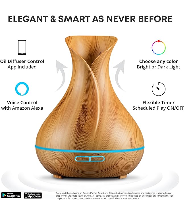 Smart WiFi Wireless Essential Oil Aromatherapy Diffuser - Works with Alexa & Google Home – Phone App & Voice Control - 400ml Ultrasonic Diffuser & Humidifier - LED & Timer Settings