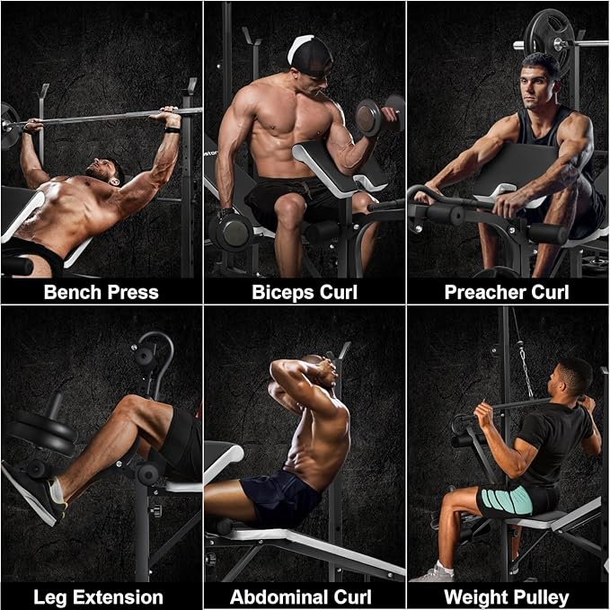 Edostory Olympic adjustable Weight Bench Set, Workout Equipment for Home Workouts, Bench Press with Preacher Curl, Leg Developer, Home Gym Full Body Workout