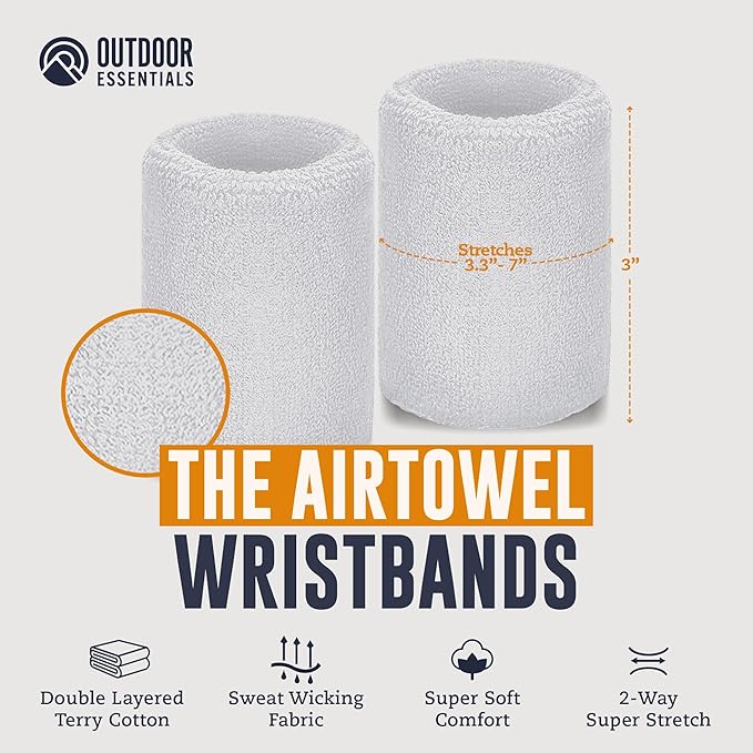 OutdoorEssentials Sweatbands & Wristbands - Wrist Sweat Bands Headbands for Men & Women - Multipack Terry Cloth Headbands or Wrist Bands for Working Out, Tennis, Basketball, Football, Gymnastics