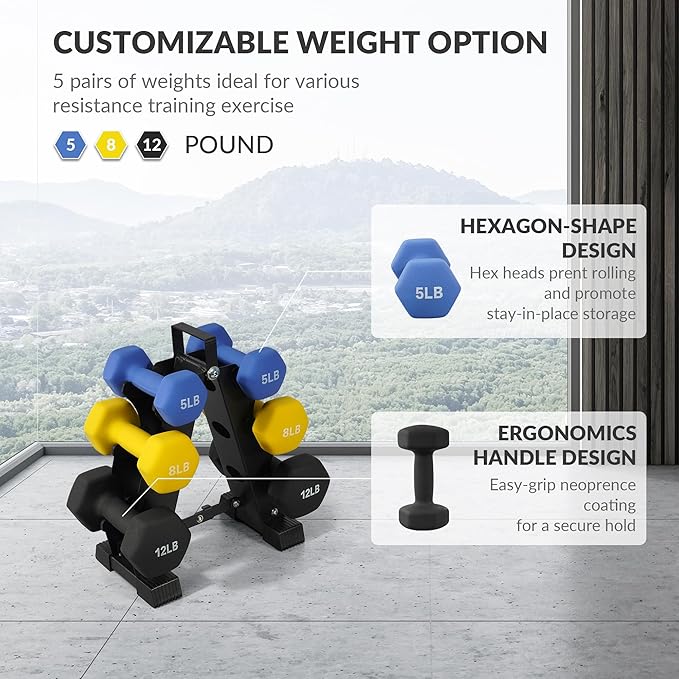 Neoprene Dumbbell Set for Women 2-5 lb | 3 Pairs Hand Weights Set with Rack, Hex Anti-Roll, Color-Coded Home Gym Gifts