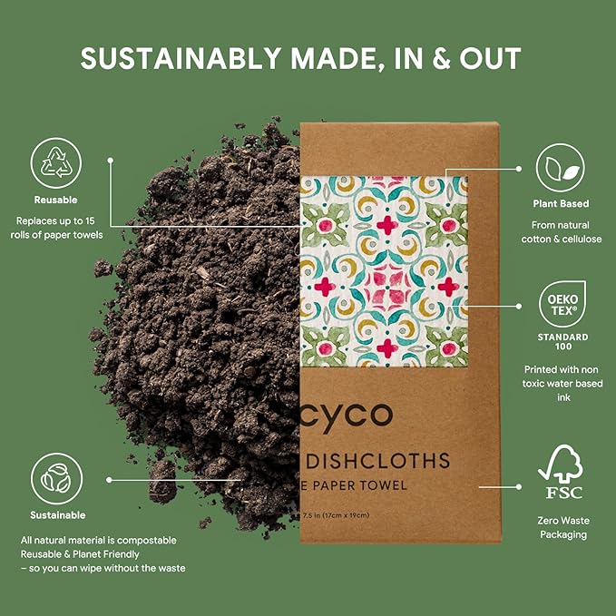 RECYCO Swedish Dishcloths for Kitchen | 6 Pack Boho Mosaic Bliss Washable Dish Rags | Cellulose Reusable Cleaning Paper Towels | Absorbent Counter Dish Cloth Sponge Kitchen Wipes, 8" L x 7" W