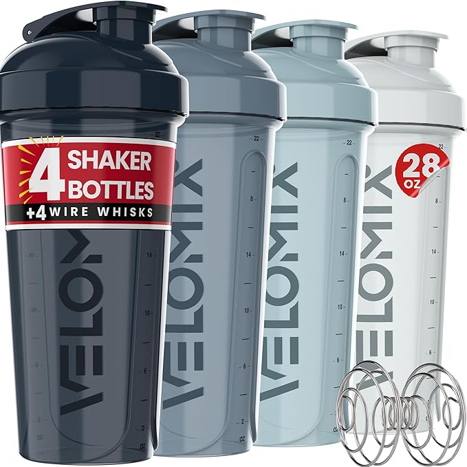 -4 PACK 28 Oz Protein Shaker Bottle for Protein Mixes - 4x Wire Whisk | Leak Proof Shaker Cups for Protein Shakes | Protein Shaker Bottle Pack | Protein Shake Cup (Aqua Depths)