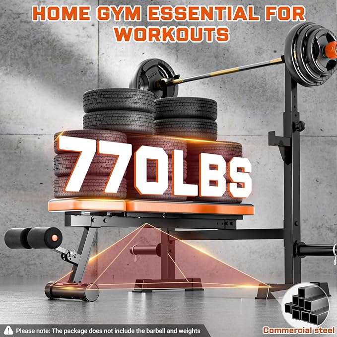 Fostoy Weight Bench, 770lbs Bench Press With Squat Rack, Adjustable Weight Benches for Home Gym, Olympic Workout Bench for Full Body Fitness, Flat Incline Bench With Removable Foot Catch