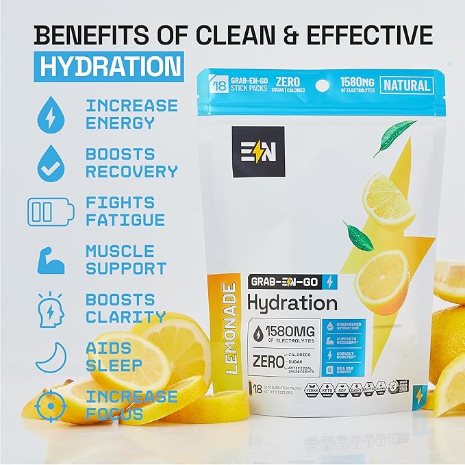 EN, Sugar-Free Electrolytes Powder Packets β Keto Electrolytes Hydration Packets, Single-Serving Electrolytes, Zero Calories, Vegan, Non-GMO, Organic, Gluten-Free, Lemonade 18 CT