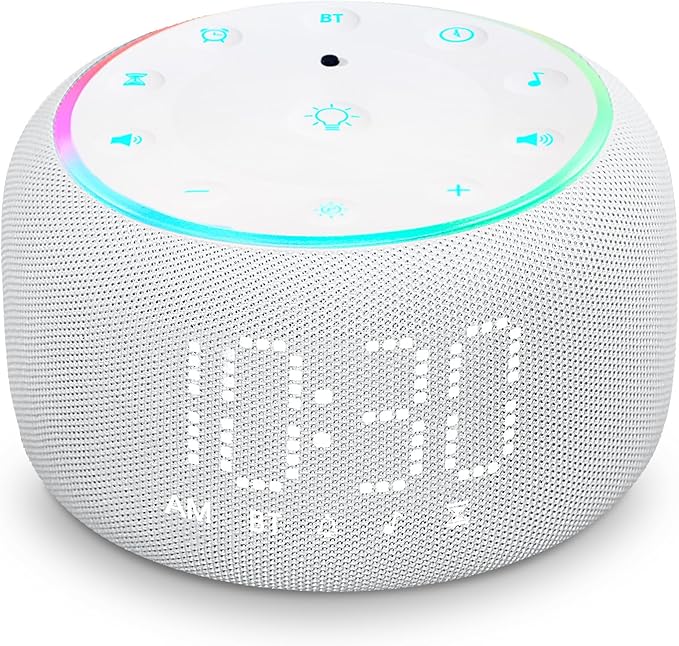 White Noise Machine Alarm Clock: Auto-Dimmable Clock for Bedrooms - 5W Stereo Bluetooth Speaker - Sound Machine with 24 Sleep Sounds for Adults Kids