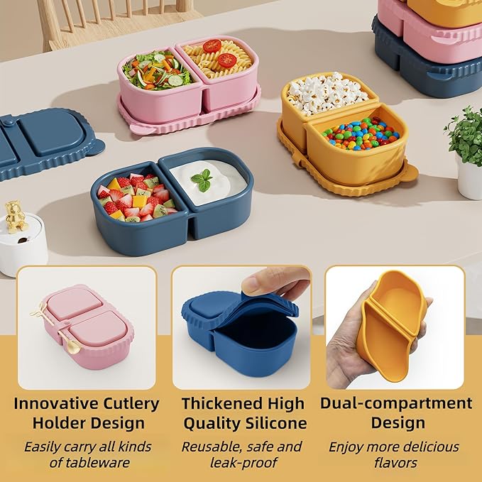 3 Pack Reusable Silicone Snack Containers with Lids, 8.5oz 2 Compartment Snackle Box Containers,Ideal Portable Small Food Storage Box for School, Office and Picnic(Blue, Pink, Yellow)