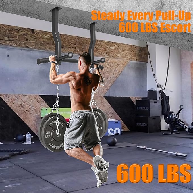 Pull Up Bar Ceiling Mount, 600LBS Heavy Duty Multi Grip Chin Up Bar, 24"/16" Rafter PullUp Bar, Ceiling Beam for Gym/Garage/Basement with Ball Finger & Round Anchors, Easy to Install