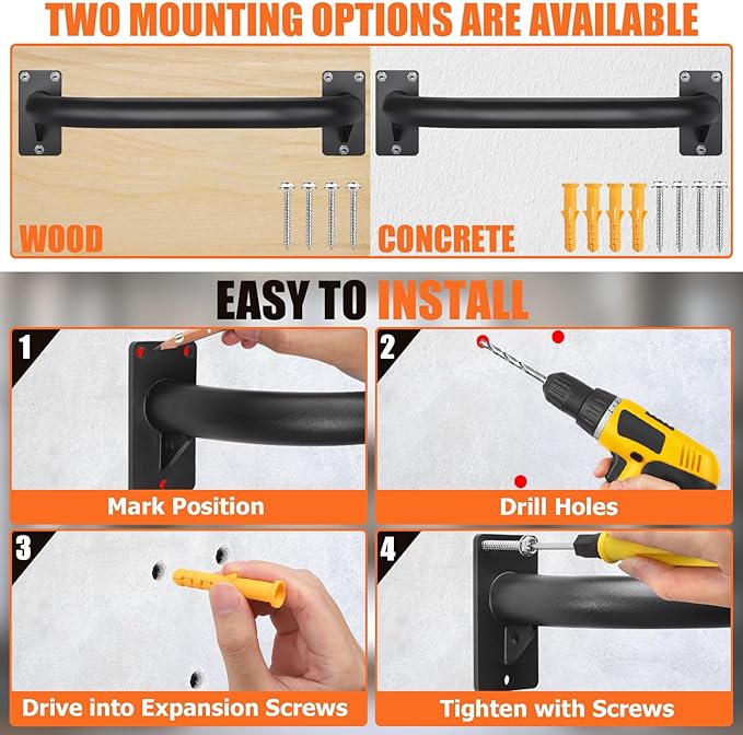 TOBWOLF 2PCS Wall Mount Doorway Pull Up Bar, Heavy Duty Strength Training Chin Up Bars, Door Frame Pull-Up Bars Ceiling Wall Mounted, Thick steel Sturdy Hanging Pull-up Bar for Home Gym Workout