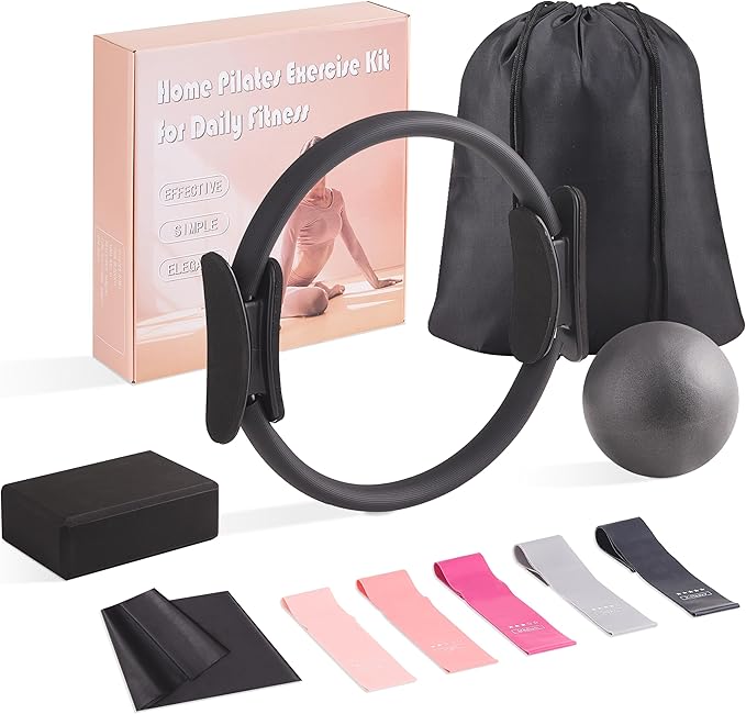 Pilates Kit at Home 10PCS Pilates Equipment with 11.81Inch Pilates Ring 9.8Inch Ball 5PCS Stretching Strap Risistance Bands Block Gym Bag