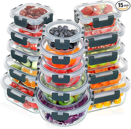 VERONES 30 Pieces Glass Meal Prep Containers Set, Stackable Glass Food Storage Containers with Lids-Airtight Glass Lunch Containers,for Microwave, Oven, Freezer & Dishwasher,Grey