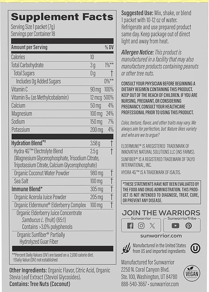 Electrolyte Powder Hydration Packets B12 Elderberry | Strawberry Lemon Twist Flavored 18 Stick Packs Box | Vegan and Plant-Based Sugar Free