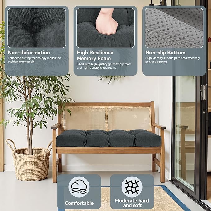 Bench Cushion 36 Inch - Chenille Fabric, High-Density Foam, Non-Slip Bottom, Soft Durable Indoor Tufted Long Seat Cushion for Window Garden Furniture (Dark Gray, 36x14x4 Inch)