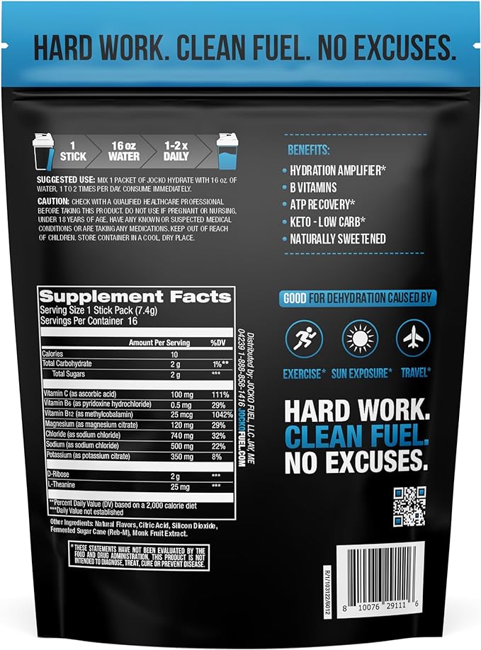 Jocko Fuel Hydrate Electrolytes Powder Packets Low Sugar - Hydration Amplifier Packets for Recovery, Dehydration, & Exercise - with Vitamins B6, B12 & C (16 Packets) Blue Raspberry