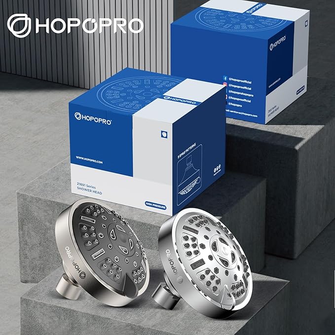 HOPOPRO Upgraded 9 Settings High Pressure Shower Head, NBC News Recommended Brand Fixed Showerhead Bathroom Showerhead Multi-functional Rainfall Showerhead for Low Water Flow (Brushed Nickel)