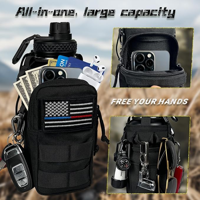 32 Oz Insulated Water Bottle - Stainless Steel Metal Military Black Water Jug with Sleeve, Gym Water Bottles for Men Sports Workout Hiking with Black Water Bottle Pouch