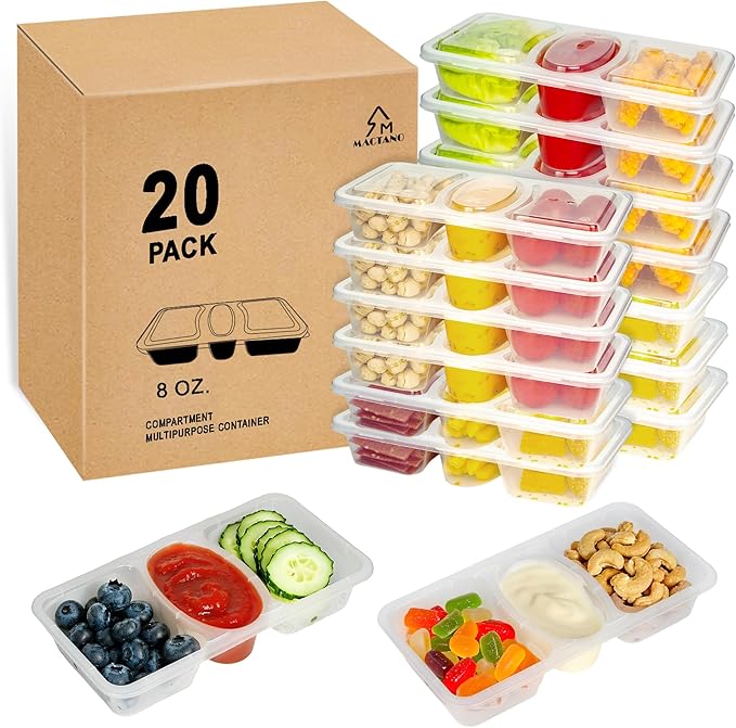 8 OZ Reusable Snack Containers with Lids, New 3 Compartment Condiment Snack Pack Containers 20 Sets