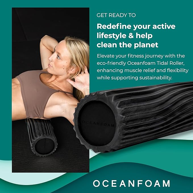 Oceanfoam Tidal Roller - Black & Charcoal Marbled - Muscle Massage Foam Roller for Back Pain & Stretching - Firm and Ergonomic Wide Wave Textured - Yoga, Athletics, & Wellness - Full Size, 20" x 5"