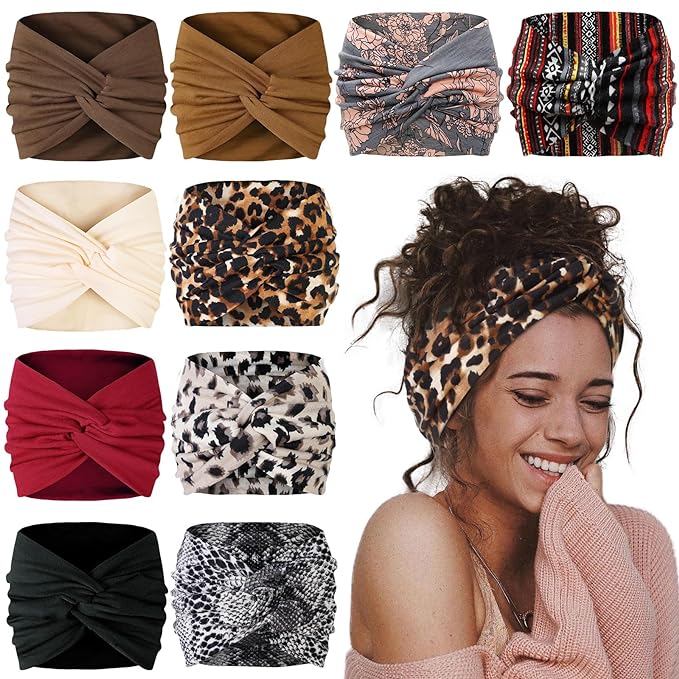 AKTVSHOW 7'' Wide Headbands for Women, 10 Pack Large Boho Turban Headband Fashion Non Slip Hairbands Thick Head Wraps Yoga Workout Hair Accessories