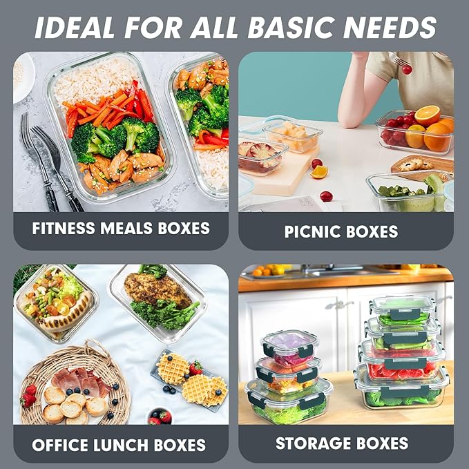 VERONES 30 Pieces Glass Meal Prep Containers Set, Stackable Glass Food Storage Containers with Lids-Airtight Glass Lunch Containers,for Microwave, Oven, Freezer & Dishwasher,Grey