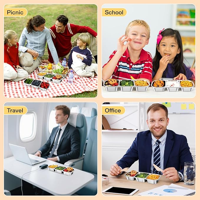 Stainless Steel Snack Containers, Reusable Snack Containers with Lids Stainless Steel Lunch Box with 3 Compartment Divided Food Storage for Home Work Travel Outdoor Camping (Yellow 3 Pack)